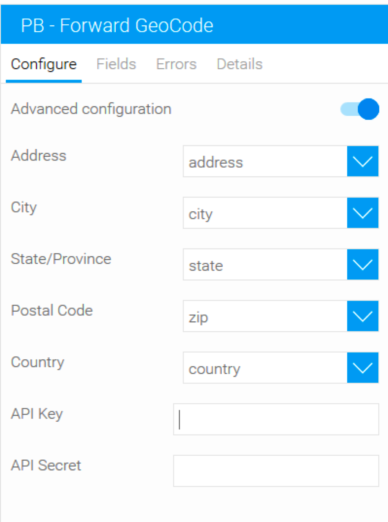 Pitney Bowes forward geocode in Yellowfin - advanced, broken out address input